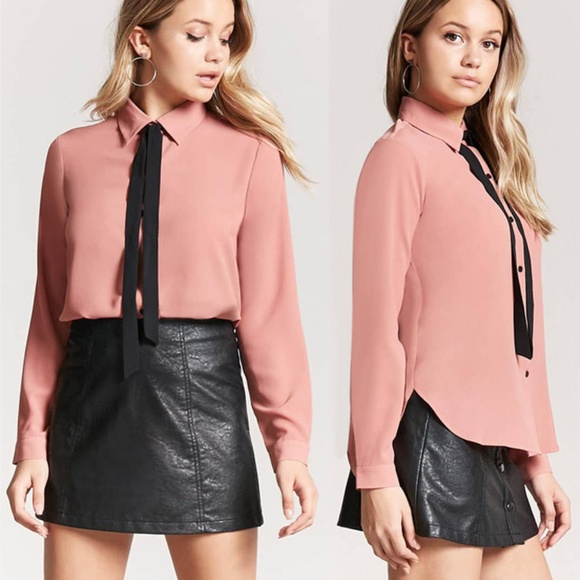 Mauve Pink Bow Tie Button Shirt Chiffon Blouse Top - Picture 6 of 8